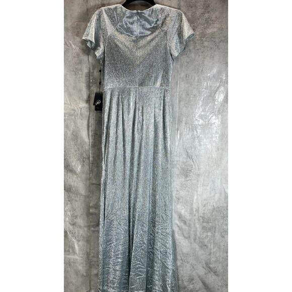 ADRIANNA PAPELL Women's Sea Glass Metallic Mesh Twist Short Sleeve Maxi Gown SZ6 - Picture 3 of 14